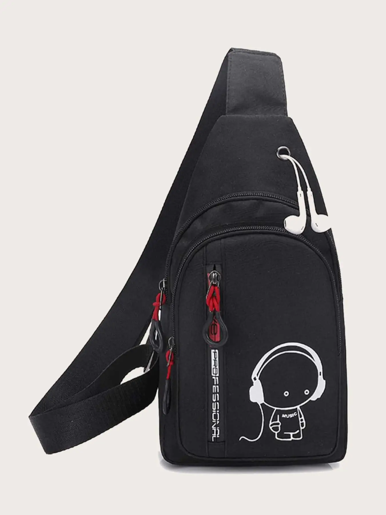 Men's 2024 Fashion Casual Simple Belt Bag, Headphone Graphic Print Zip-up Belted Sling Crossbody Bag, Trendy Sportive Bum Bag, As Gift