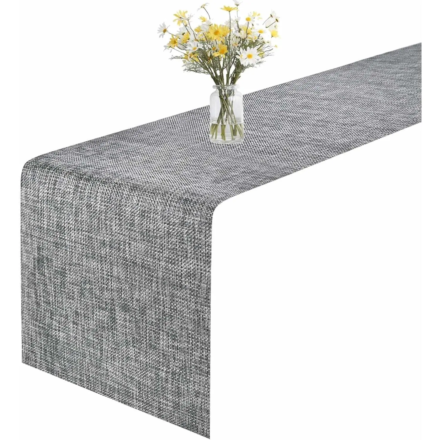 Table Runner, 12x53in Heat-Resistant Woven Vinyl Long Tabletop, Non-Slip Washable PVC Table Runners, Easy to Clean  Plastic Dresser Cover for Wedding, Decor, , Art (Black+Gray)