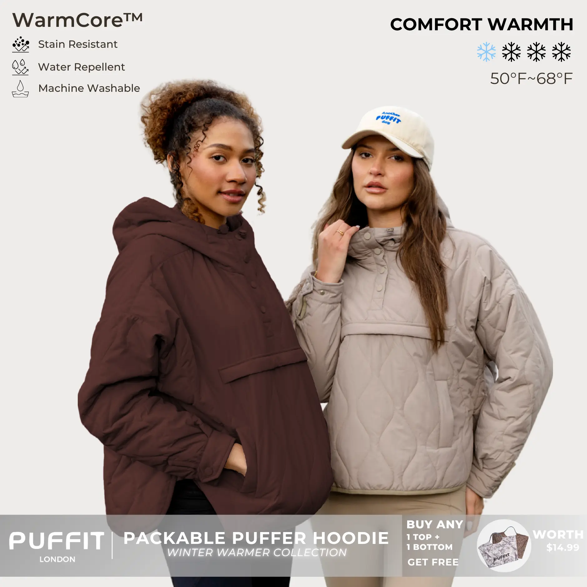 PUFFIT WarmCore Premium Women's Packable Baggy Fall Puffer Hoodie Coat Comfortable Quilted Lightweight & Warm Womenswear Water Repellent and Stain-Resistant Jacket Outerwear with Large Pocket,Plus Size Fit Spring,Dog Walking,School Running,Football Mum