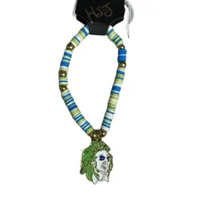 Beetlejuice Beaded bracelet with Decorative Pendant Featuring Green Design and Blue beads.