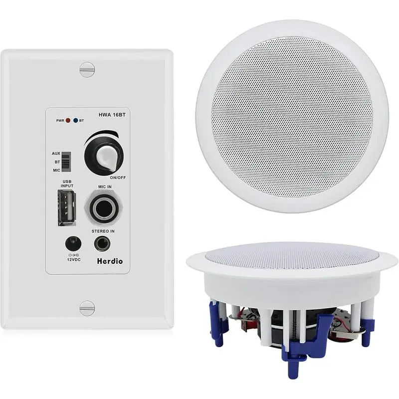 Herdio 5.25-in Ceiling Speakers Pair - 300W Aux-to-Bluetooth Set with Wall-Mounted Receiver, Amplifier, USB/Memory Support, Built-in Charging, Polypropylene Components, Stereo Sound, Custom Aux Input for Home Theater, Office