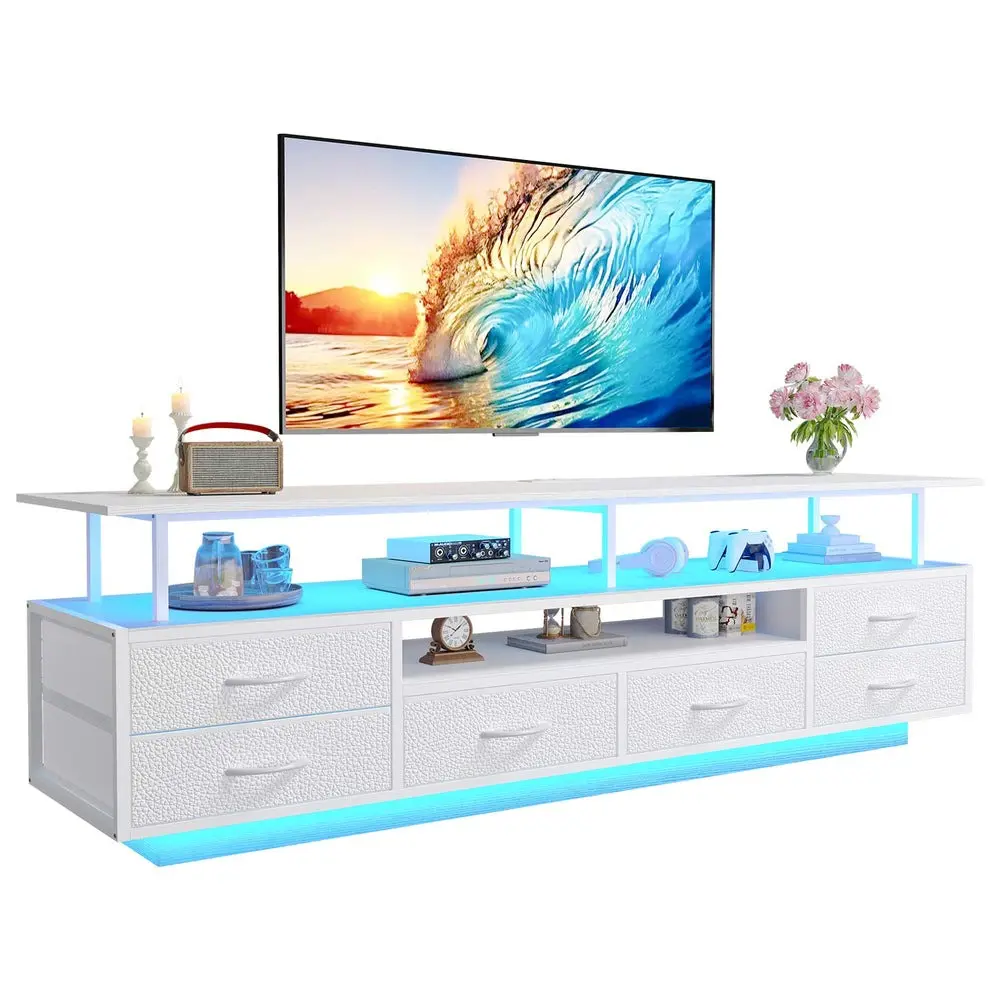 [SummerSale] Sikaic TV Stand with LED Lights and Power Outlets White Modern Entertainment Center with Open Shelves and 6 PU Fabric Drawers, TV Media Console Table for 65-70 Inches TV storage For Living Room, Home Furniture, Dorm Essentials