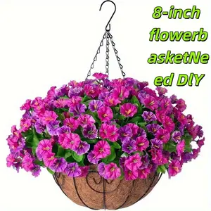 Artificial 8 Inch Hanging Basket Silk Begonia Flower Arrangement Coconut Liner with Tulip Fake Plants for Garden Porch Deck Spring Summer Decor