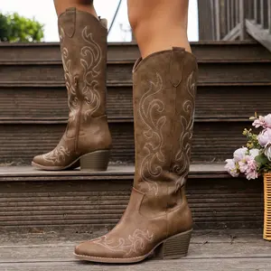 Women's Embroidered Cowboy Boots Vintage White Western Boots with Comfort Onyx Insole Casual Walking Shoes Girl Footwear Hiking  Decor