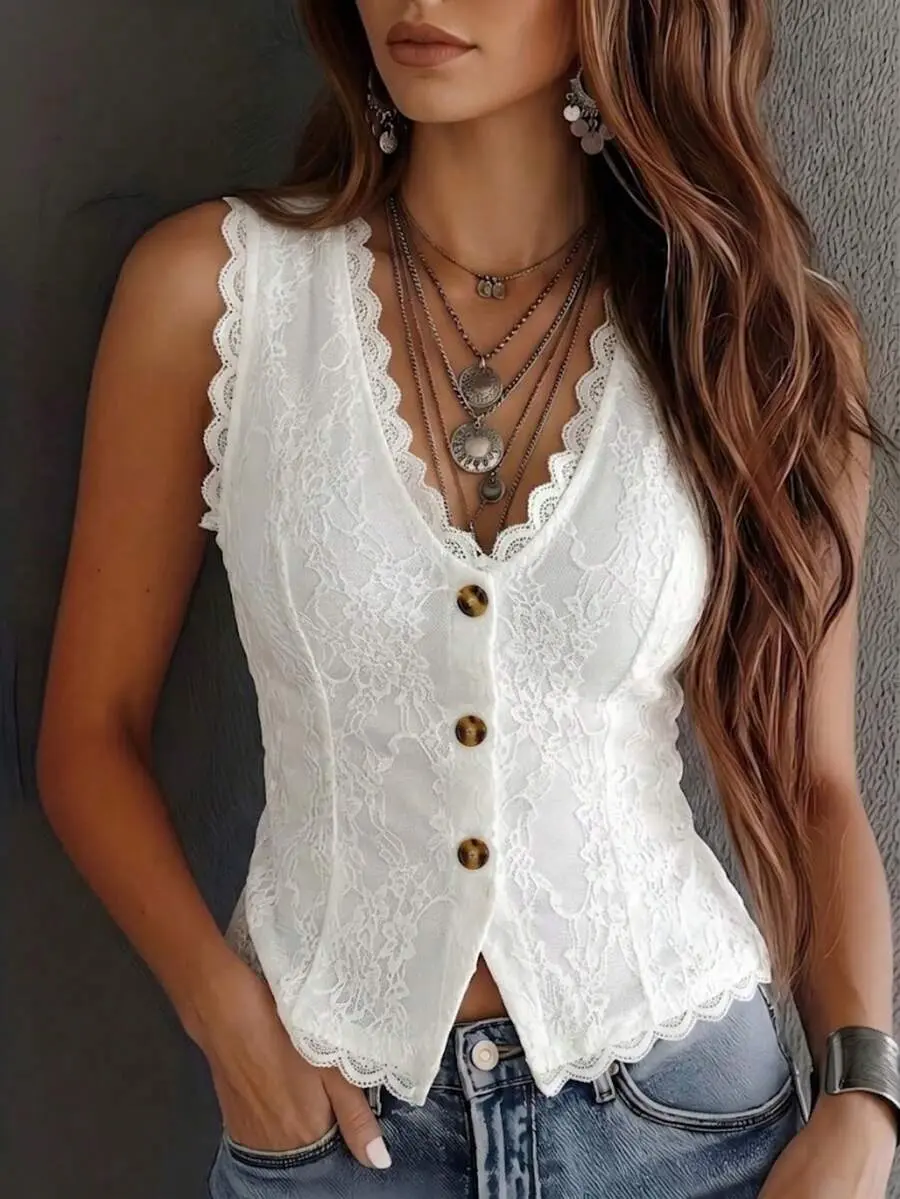 Vintage Western Style White Lace V-Neck Top, Summer Front Button Sleeveless Top, Elegant For Vacation/Party Casual, Boho Chic Fabric Fit