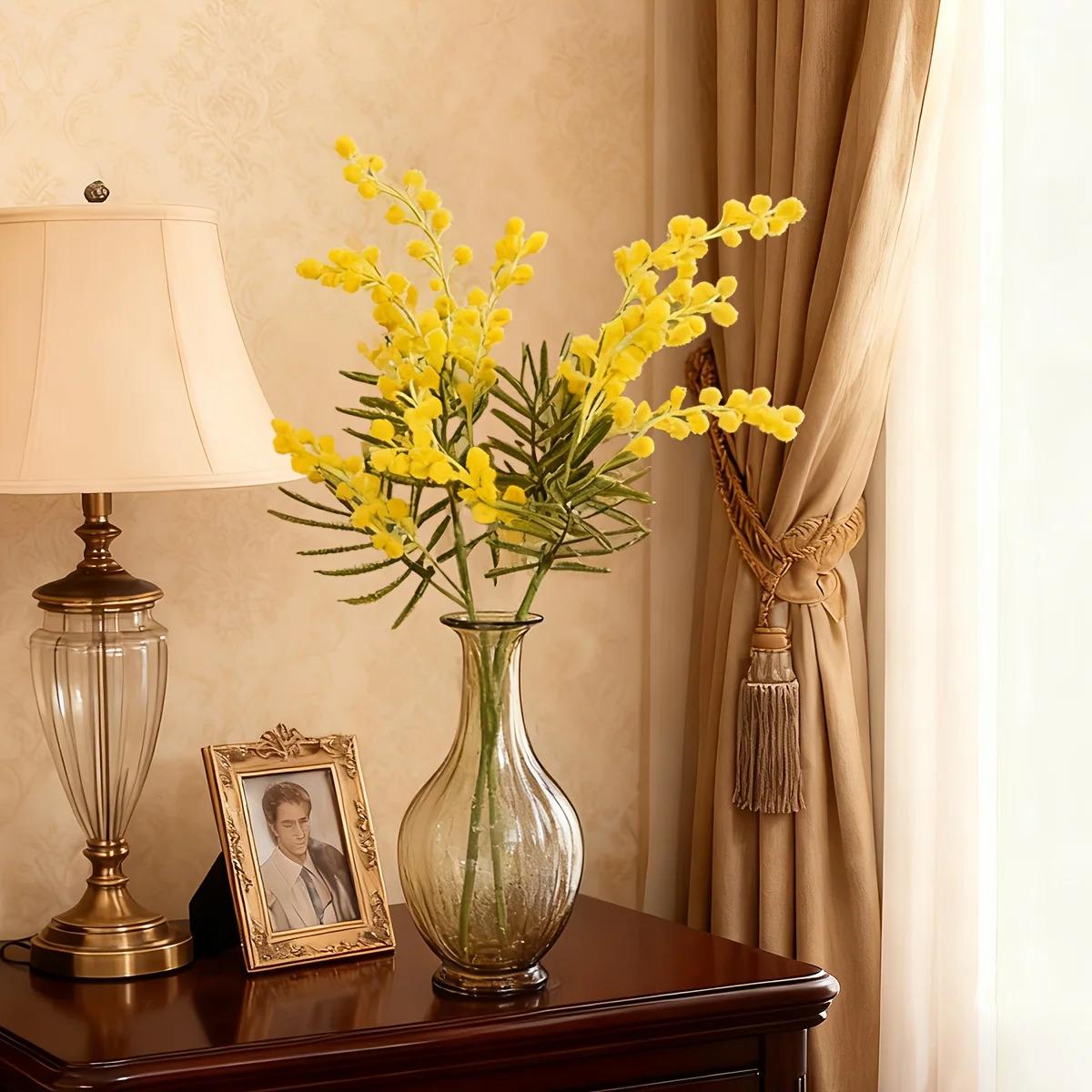 6pcs Artificial Mimosa Flower Bouquet |   Handmade Yellow Buds and Green Foliage, Lifelike Plastic Flowers and Leaves on Stems