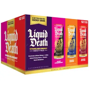 Liquid Death Sparkling Energy Variety Pack - 0 Sugar Sports & Energy Drink, 100mg Unextreme Caffeine, Essential Vitamins, 3 Flavors (Strawberry, Orange, Murder Mystery), 12 fl oz (Pack of 12)