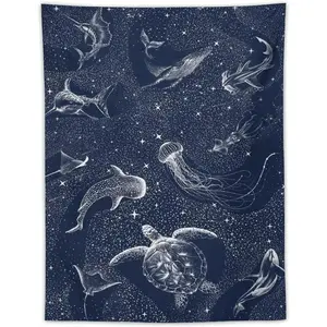"Cosmic Ocean" Marine Life Illustration Print Tapestry 3x5 FT - Polyester Psychedelic Ocean Art Wall Hanging for Bedroom & Living Room Decor, Nature Aesthetic Banner