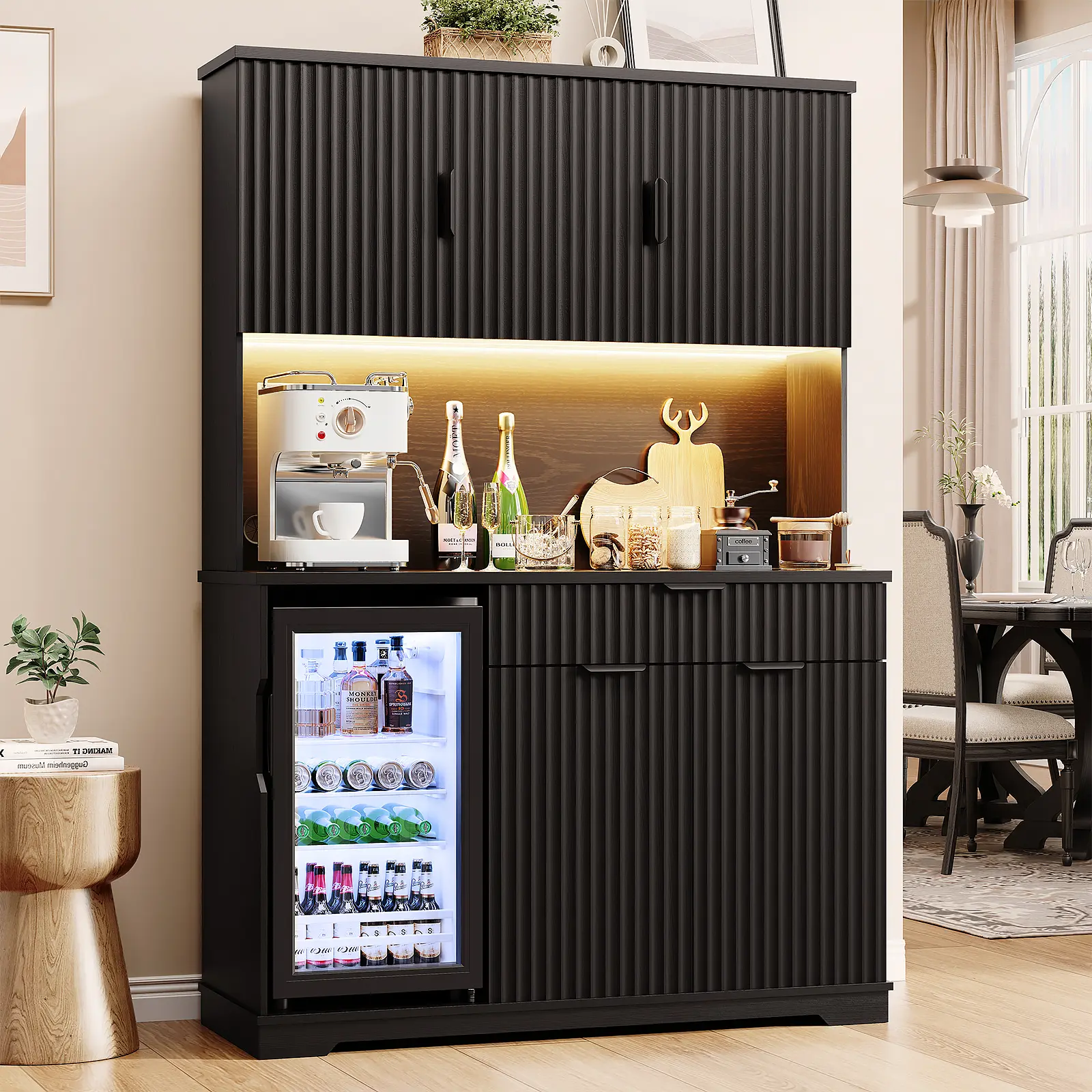MIIFUNY 69" Kitchen Pantry with Fridge (Fridge Included), Fluted Coffee Bar Cabinet with LED Lights & Power Outlets, Tall Wine Bar Cabinet with Drawer & Storage Hutch & Wide Countertop for Living Room, Dining Room, Black