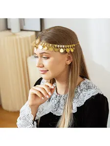 A shiny retro ethnic style circular coin-shaped pendant headpiece made of gold-plated metal for dance performances Elegant Crown Design