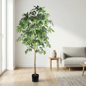 6FT Artificial Ficus Tree with Real Wood Trunk, Premium Lifelike Faux Floor Plant for Home Decor