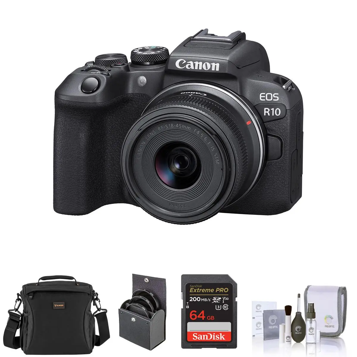 Canon EOS R10 Mirrorless Camera with RF-S 18-45mm f/4.5-6.3 IS STM Lens, Bundle with Memory Card, Shoulder Bag, 49mm Filter Kit and Cleaning Kit