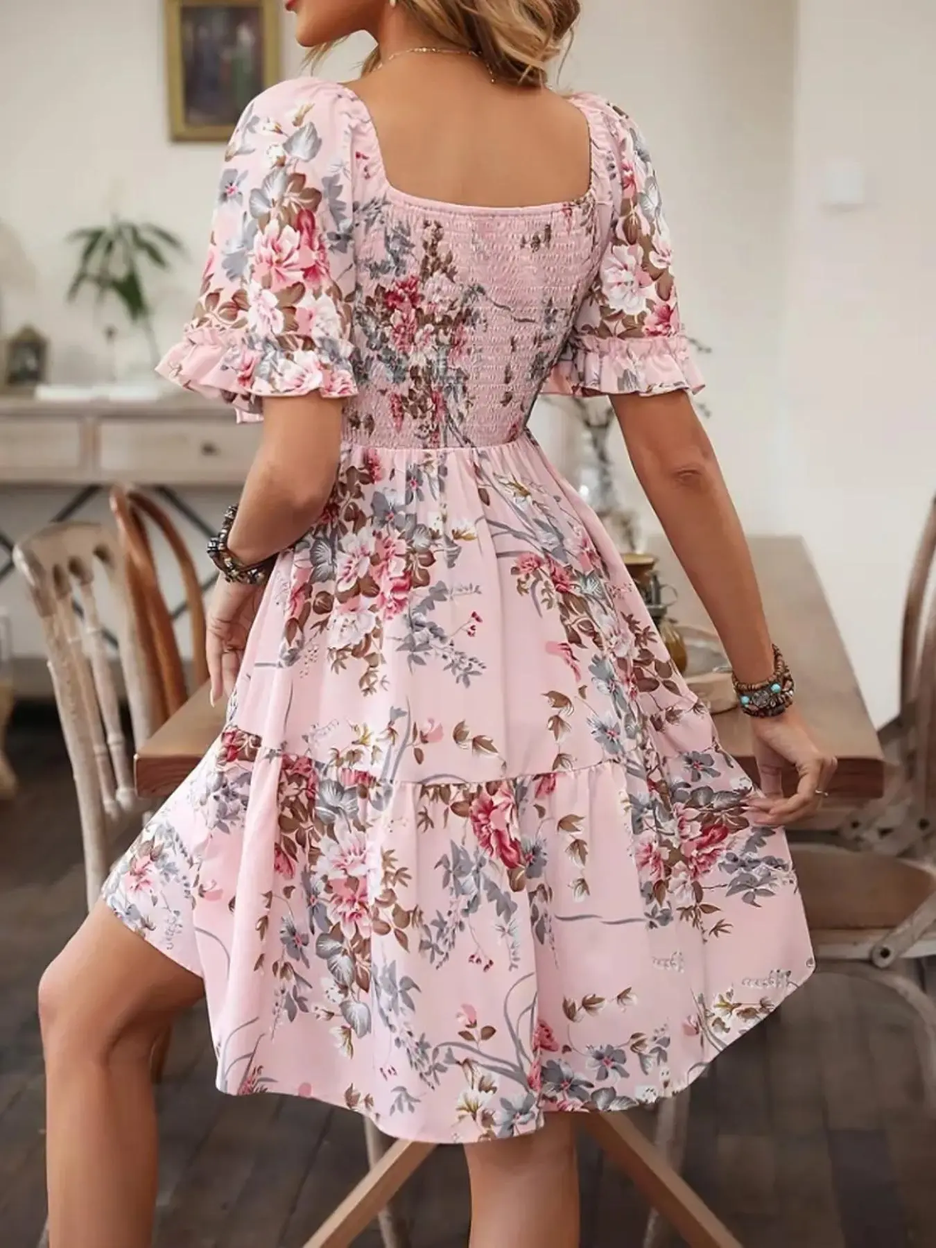 Women's Floral Print Ruffle Hem Shirred Slim Fit Woven A Line Dress, Casual Wear Boho Bohemian Romantic Flounce Sleeve Square Neck Short Dress for Beach Vacation, Ladies Summer Feminine Clothes - TikTok Women's Floral Print Ruffle Hem Shirred Slim Fit Woven A Line Dress, Casual Wear Boho Bohemian Romantic Flounce Sleeve Square Neck Short Dress for Beach Vacation, Ladies Summer Feminine Clothes - TikTok