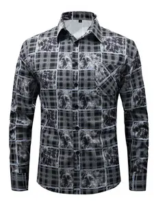 Men’s long-sleeve plaid button shirt, casual grid print shirt, blue-and-pink checkered top with a chest pocket, suitable for everyday wear, vacations, or streetwear.