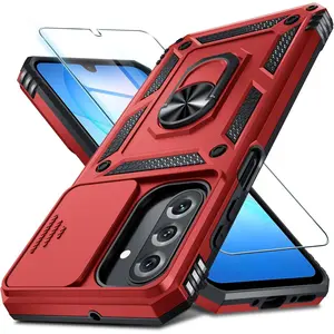 Compatible with Samsung Galaxy A17 5G Case Built in Slide Camera Lens Cover+Screen Protector+Finger Ring Holder Kickstand,Heavy Duty Shockproof Full Body Phone Cover,Red