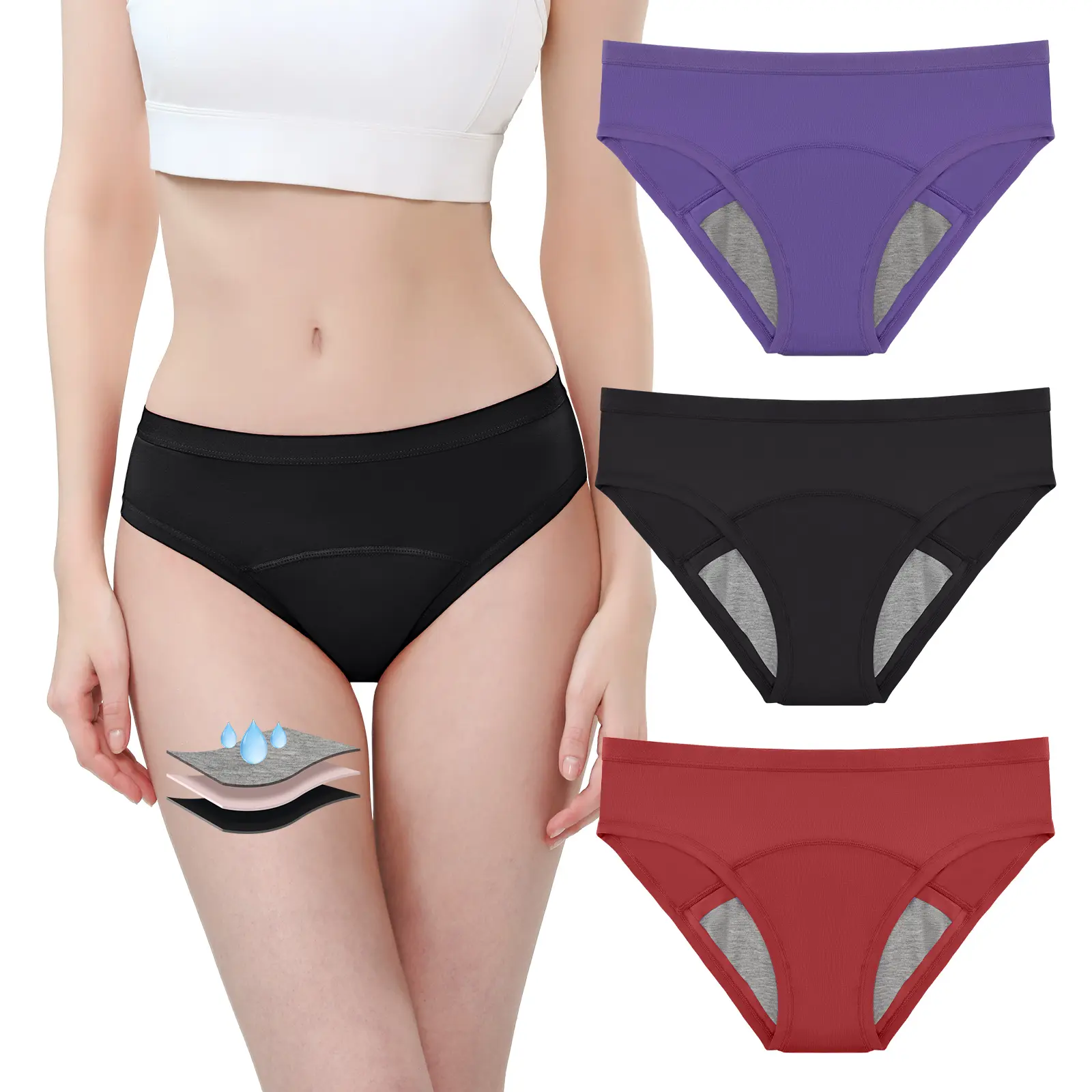 CARER Women's 3-Pack Leak-Proof Cotton Briefs - Cute Bikini-Style, Expandable & Highly Absorbent for Light Bladder Leakage & Postpartum, Bundle, Waterproof, Plain, Breathable, Panties, Three Pieces, Gentle Cotton Lingerie Womenswear