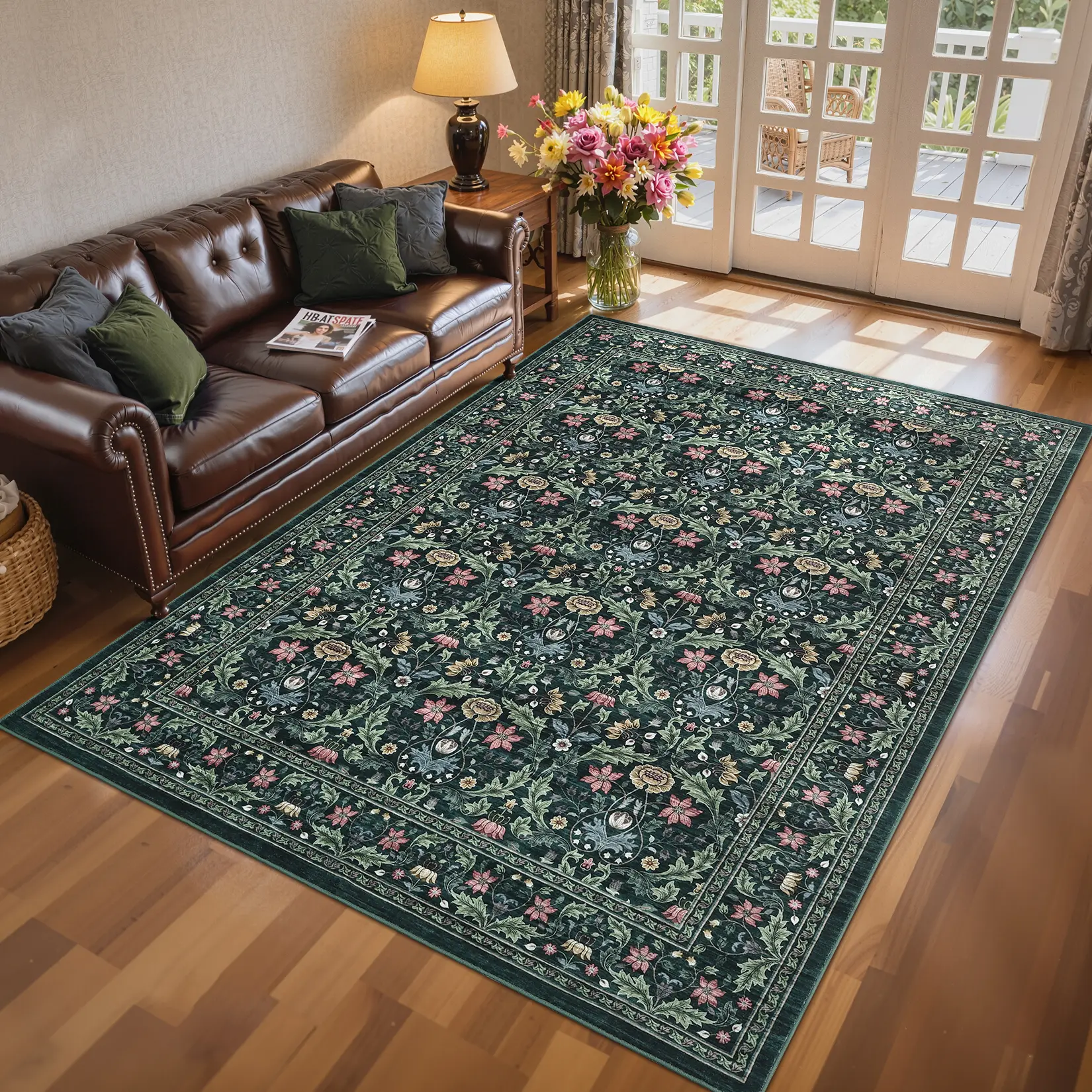 Modern Indoor Floral Print Home Decor Rug - Soft, Stain-Resistant, Ultra-Thin, Foldable, Non-Slip Backing Machine Washable Rug for Living Rooms, Dining Rooms, Vintage Retro Style, Machine Washable Rugs