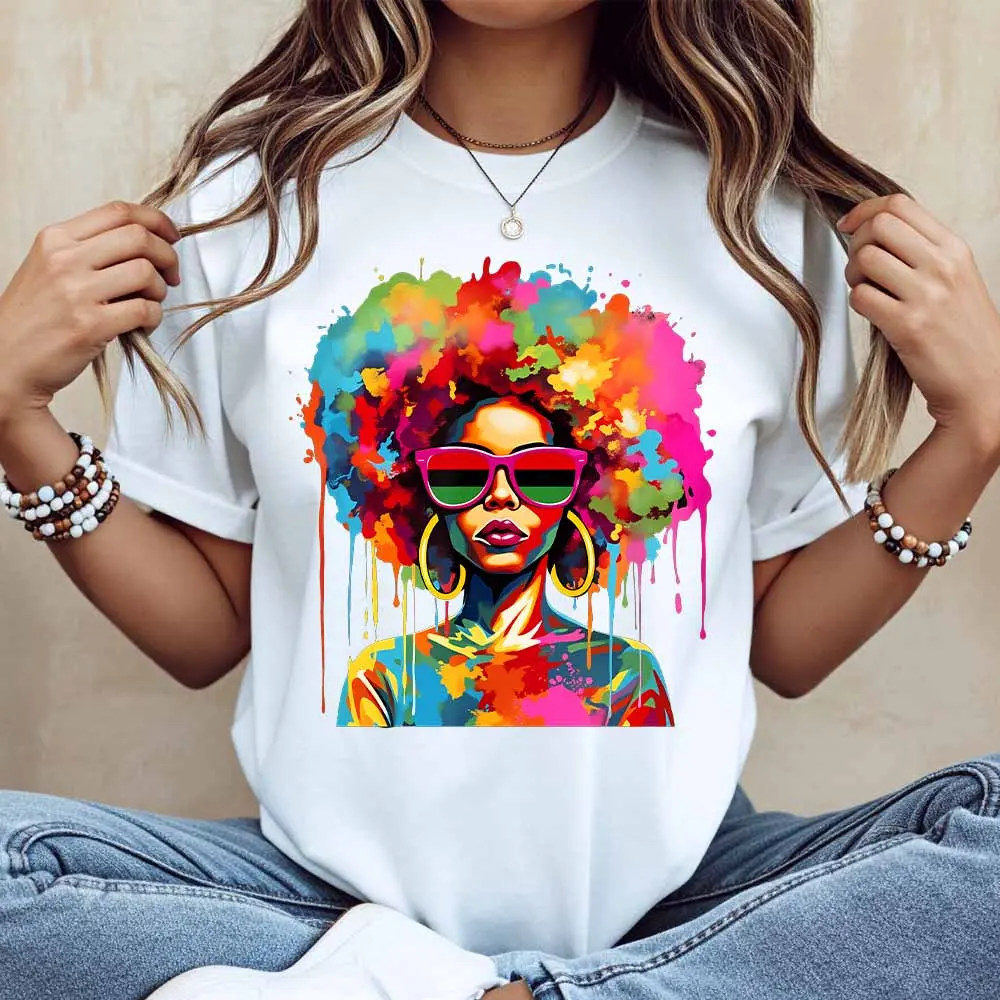 Colorful Afro Woman With Sunglasses Print T Shirt White Casual Loose Fit For Everyday Wear And Leisure Activities