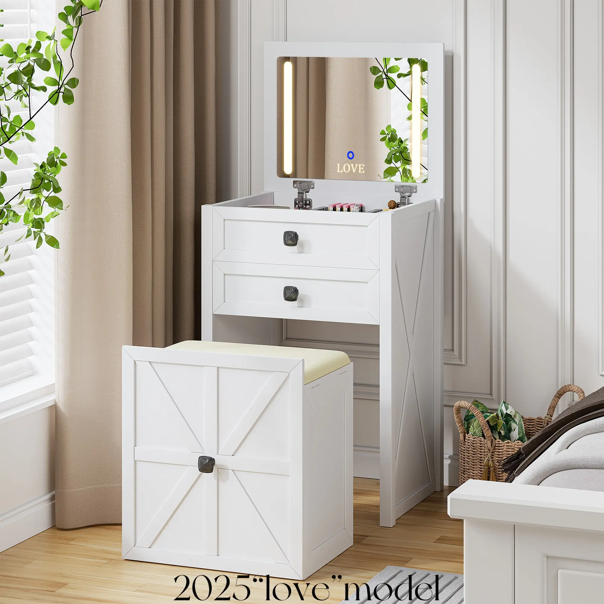 Miu Farmhouse 3 in 1 Vanity with Mirror, 3-Color Adjustable Lighting, Cushioned Stool for Bedroom Organization & Beauty Routines