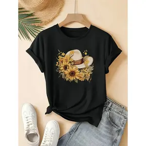 Women'S Plus Size Floral Print T-Shirt - Casual Sunflower & Bow Design, Short Sleeve, Round Neck, Comfortable Polyester Blend, Perfect for Casual Attire, Casual Wear | Playful Print | Comfortable Fi