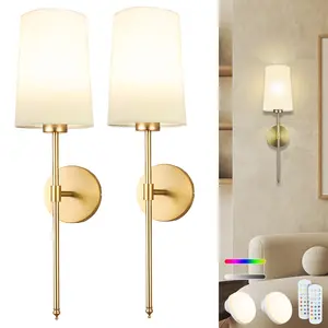 Battery Operated Wall Sconces Set of Two, Wireless Wall Sconce with Rechargeable Bulbs and Remote,15 Colors & Dimmable,Gold Sconces Wall Decor Set of 2 for Bedroom Living Room Hallway