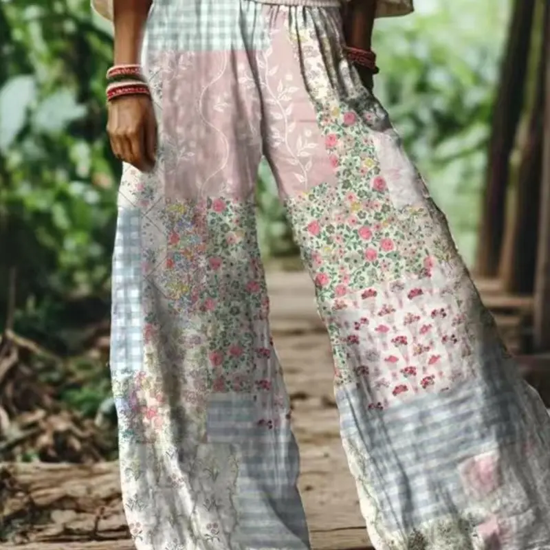 Women's Bohemian Floral Print Wide Leg Pants, Casual Elastic Waist, Boho Chic Trousers, Comfortable and Breathable Fabric, Ideal for Vacation, Home, and Daily Wear, for Spring, Summer, and Fall