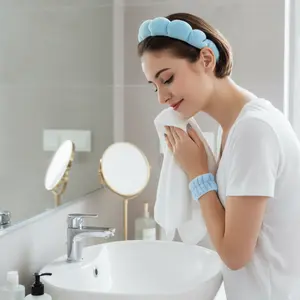 Headband spa  for Washing Face, Cute Black Makeup Headband, Puffy Spa Headband,Bubble Skincare Headband, Sponge Spa Facial Headband 3pcs (Blue)