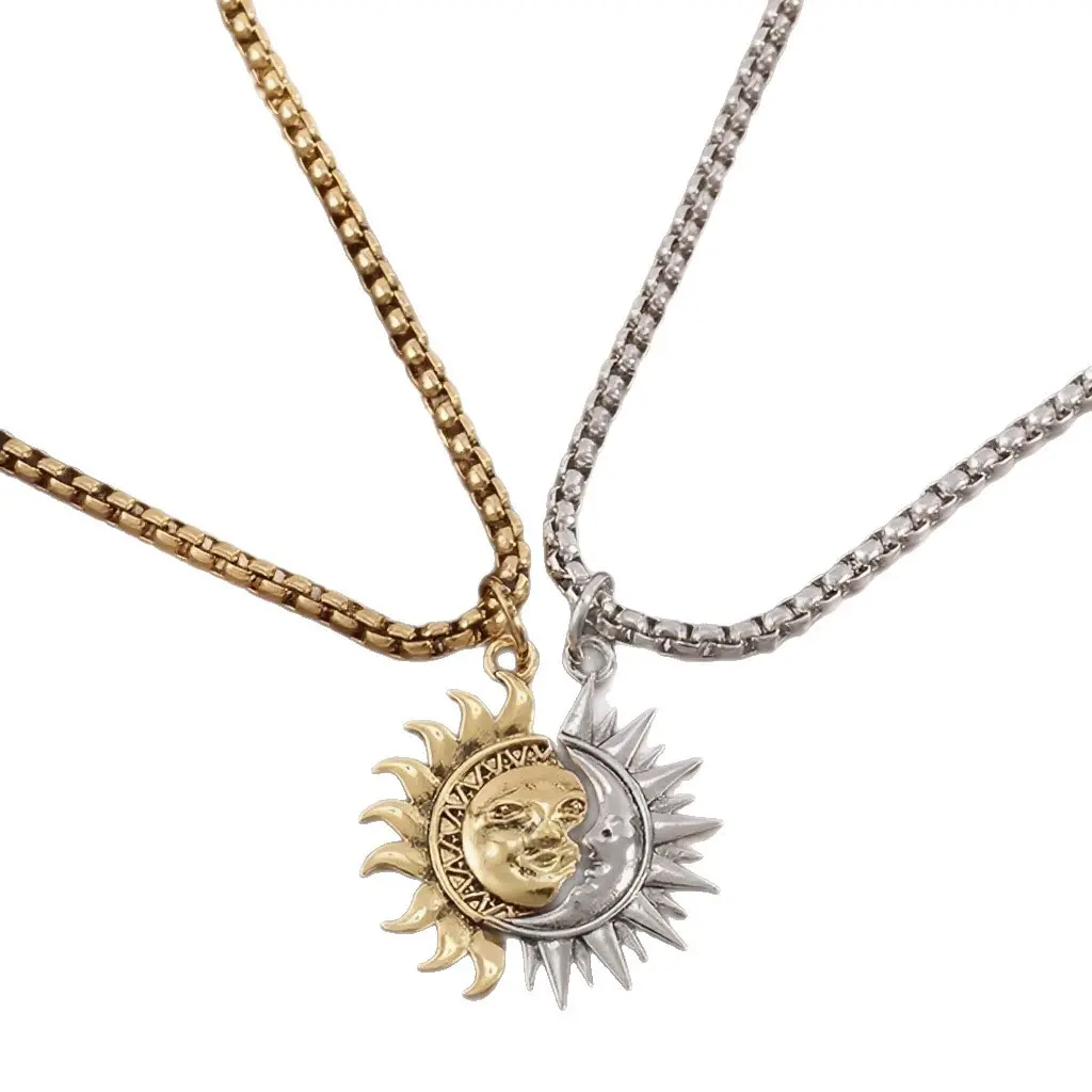 Stylish Asymmetric Sun and Moon Matching Necklace for Couple Titanium Steel Accessories for Men Women Vintage Couple Half Moon Sun Pendant Necklace for Creative Romantice Valentine's Day/Daily/Birthday Gift