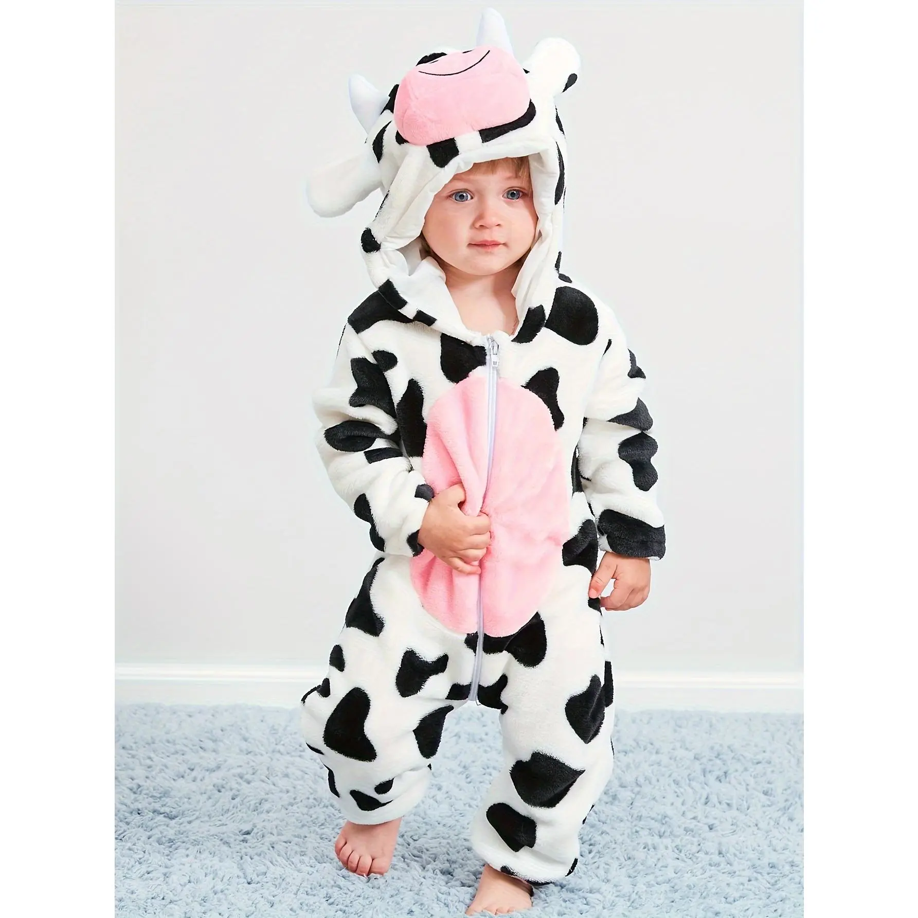 Kids' Cartoon Animal Cow Onesie Suit - Cozy Polyester, Machine Washable, Full Length, Pink Accents, Perfect for Spring/Fall Dress-Up & Outdoor Wear
