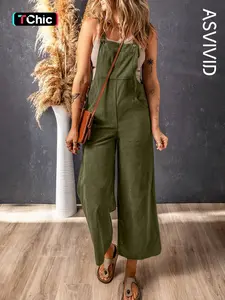 Women's Casual Elegant Solid Color Side Pocket Corduroy Wide Leg Strap Pants Jumpsuit, Comfortable All Seasons Wear