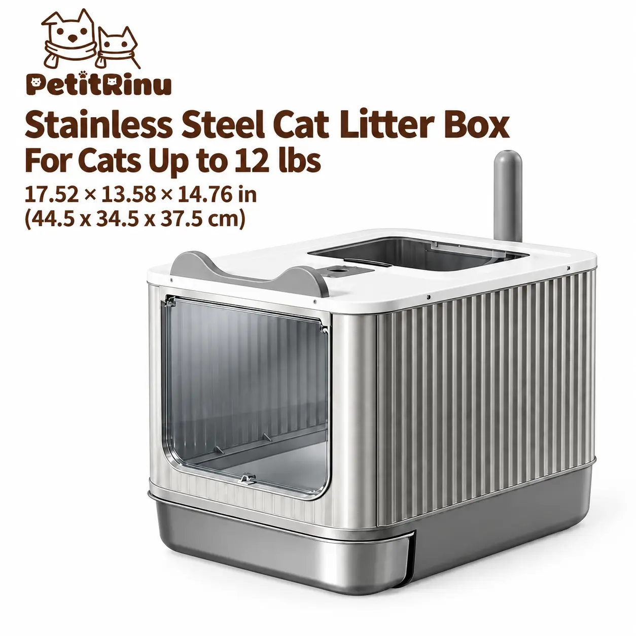 Stainless Steel & Plastic Minimalist Litter Box - Fully Enclosed Flip-Top Single Unit with Dual Entry, Durable Base, Easy Clean, Odor Lock, for Up to 12 lbs Small-Medium Cats, 44.5cm×34.5cm×37.5cm (17.52in×13.58in×14.76in) Affordable Pet Litter Pan Scoop