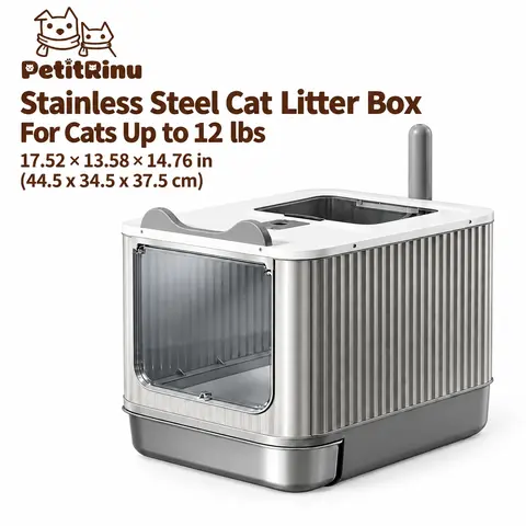 Stainless Steel & Plastic Minimalist Litter Box - Fully Enclosed Flip-Top Single Unit with Dual Entry, Durable Base, Easy Clean, Odor Lock, for Up to 12 lbs Small-Medium Cats, 44.5cm×34.5cm×37.5cm (17.52in×13.58in×14.76in) Affordable Pet Litter Pan Scoop