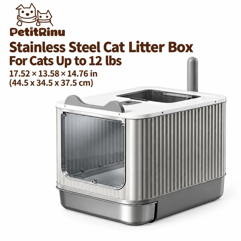 Stainless Steel & Plastic Minimalist Litter Box - Fully Enclosed Flip-Top Single Unit with Dual Entry, Durable Base, Easy Clean, Odor Lock, for Up to 12 lbs Small-Medium Cats, 44.5cm×34.5cm×37.5cm (17.52in×13.58in×14.76in) Affordable Pet Litter Pan Scoop