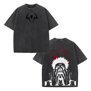 Washed Black Jujutsu Kaisen Statement Streetwear T-Shirt | Front Curse Mark & Full Back Sukuna Illustration, Oversized Crewneck, Unisex, All-Match for Urban & Outdoor Style