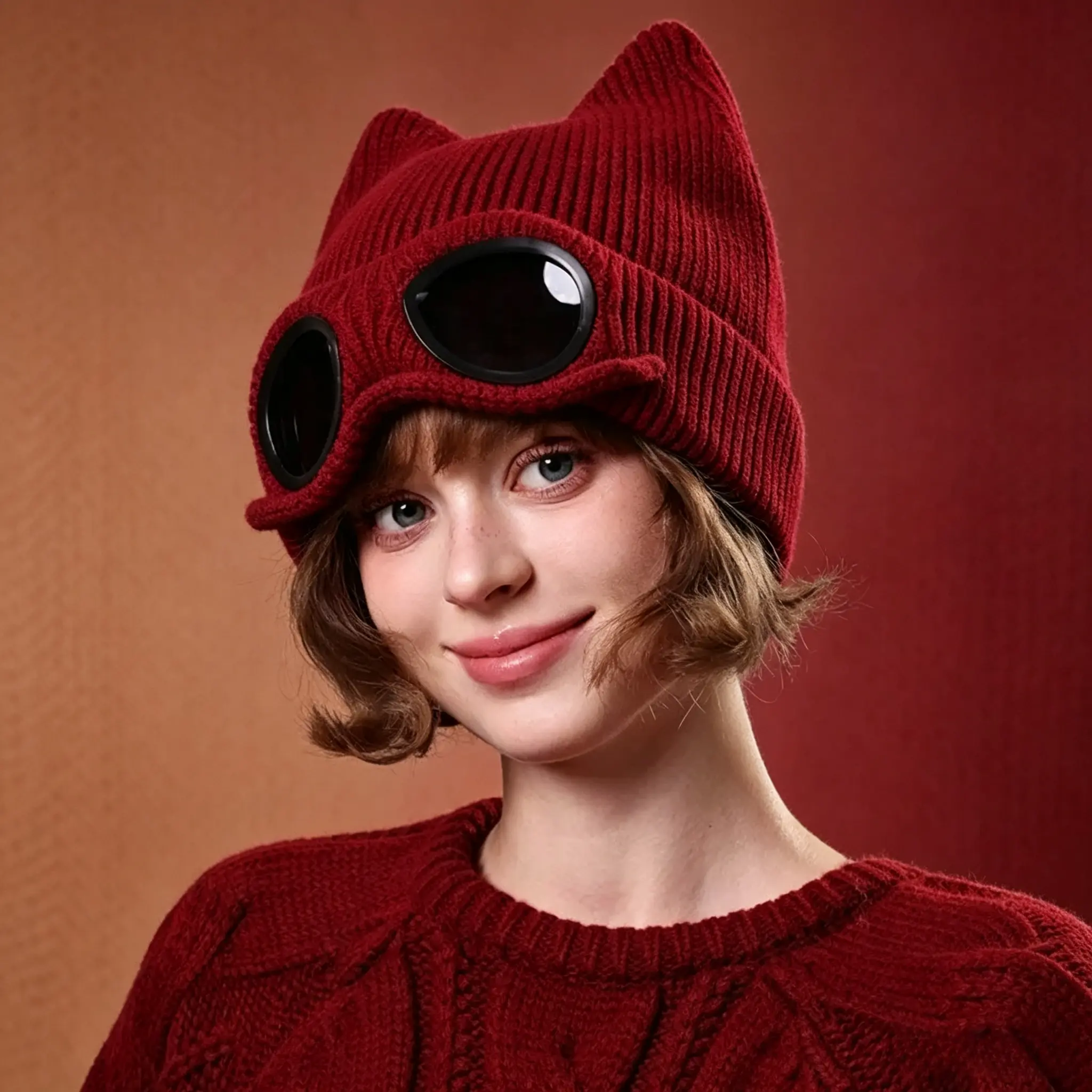 Fitted Cat Ear Goggles Beanie, Unisex Fleece-Lined Elastic Skullcap with Warm Ear Flaps, One Size Animal Hat for Cold Weather Outdoor Sports
