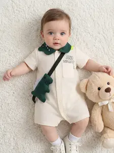 Cute Baby Alligator Set, Summer Short Sleeve Romper + Bag, Waffle Pattern One-Piece Dress, Perfect for Outdoor Activities
