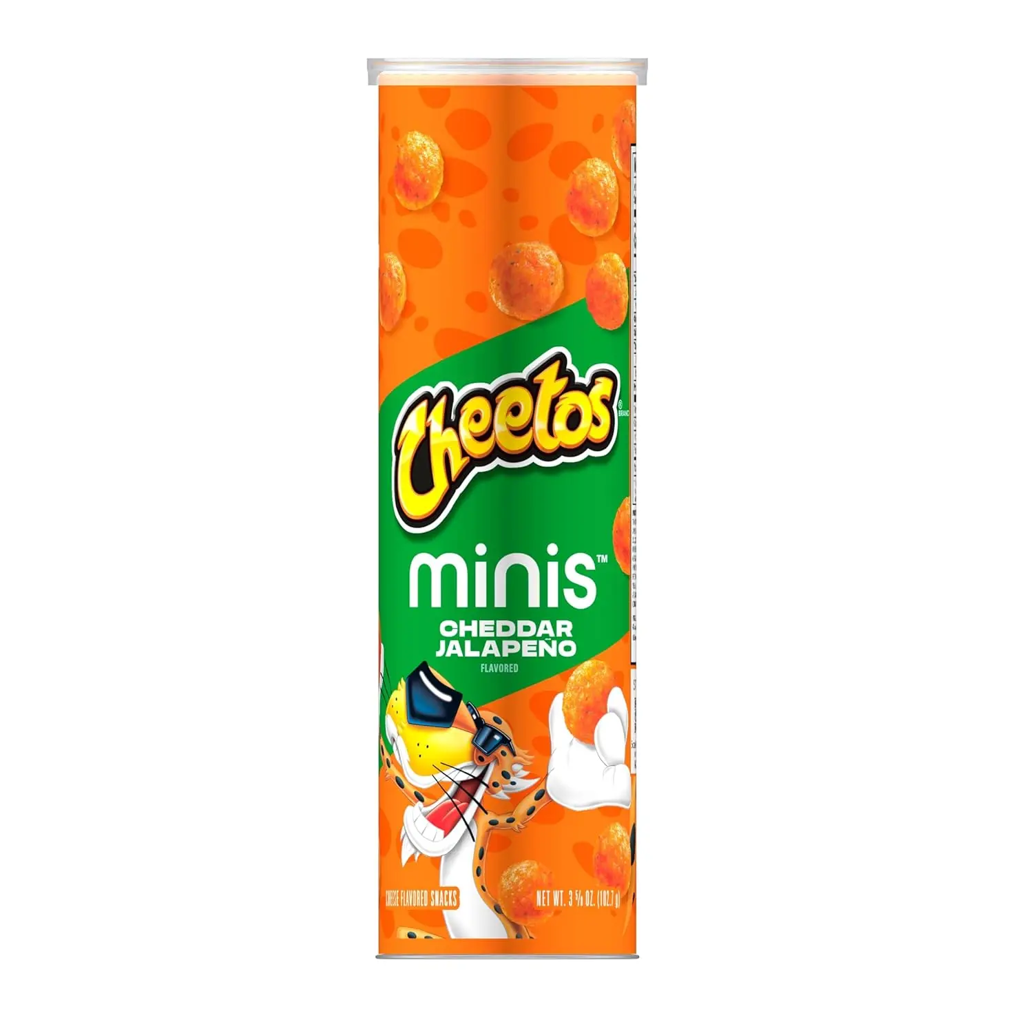 Cheetos Minis Cheddar Jalapeño Cheese Flavored Crispy Corn Snacks, Bite Size Crunchy Chips, Resealable 3.625 oz Canister, Ready to Snack