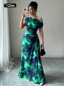 Women's Minimalist Print Asymmetrical Ruffled Dress with Shoulder and Waist Details, Elegant Fashion for Parties and Casual Outings