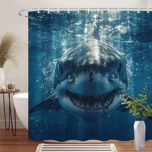 Great White Shark Underwater Pattern Forest Shower Curtain Design, Polyester Fabric, Windows and Walls, Bathtub, Bathroom Home Decoration Shower Curtain, Four Seasons Universal Shower Curtain, Bathroom Decoration Curtain, Comes with 12 Hooks