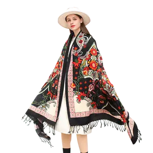 DANA XU 100% Merino Wool Extra Large Pashmina Blanket Travel Scarf Cashmere Wrap for Women Fall Winter Oversize Shawl Floral pashmina Casual Fashionable