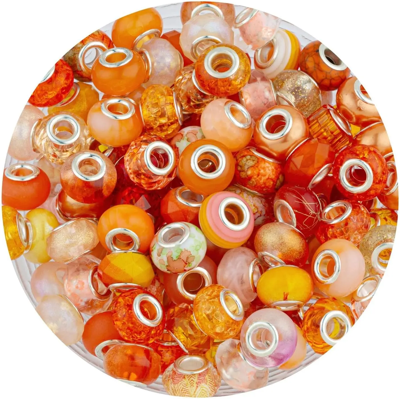 Synthetic Orange Mix Large Hole Plastic Loose Beads - 100 Count, 14mm x 5mm Round, DIY Jewelry Making Supplies, Christmas & Anniversary Gifts for Family with European Colorful Textures, Anniversaries