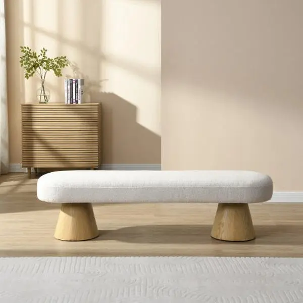 Beige Bouclé Upholstered Dining & Entryway Bench