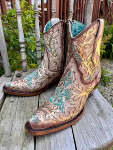 Corral Women's Tan Leather w/Golden Mirror & Turquoise Overlay Ankle Cowgirl Boots Booties C4006