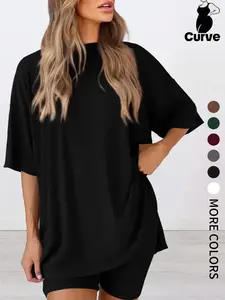 Plus Size Women's 2 Piece Casual Set, Short Sleeve T-Shirt and Shorts, Soft Stretch Summer Loungewear, Comfortable Home