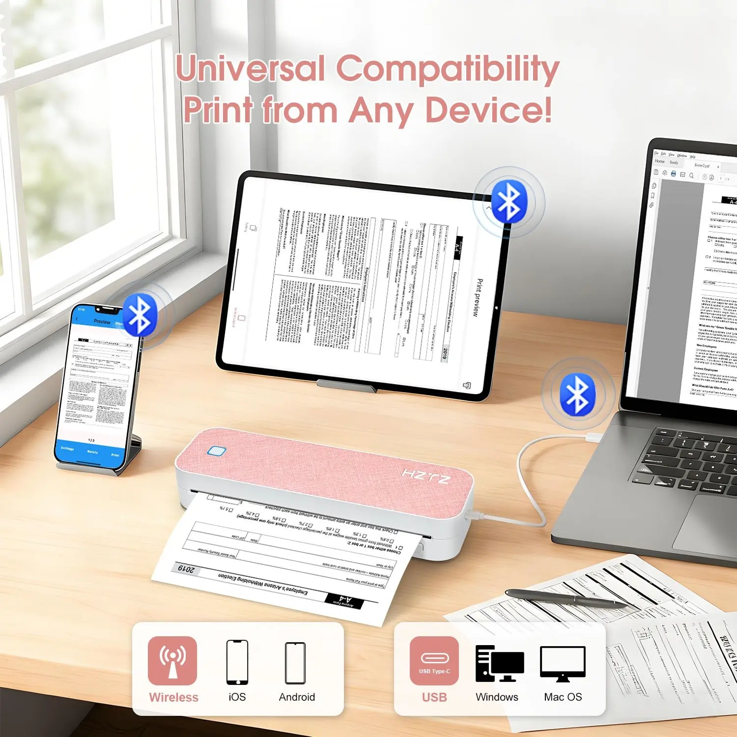 Portable Inkless Thermal Printer, A4 Size, Prints Documents & Labels, Wireless Connection, USB Charging, Ideal for Travel & Office, Thermal Label Maker