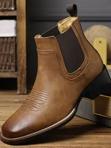Chelsea Cowboy Boots Men Square Toe Western Style Classic Casual Work Ankle Boots, Comfortable & Durable Footwear for Everyday Wear