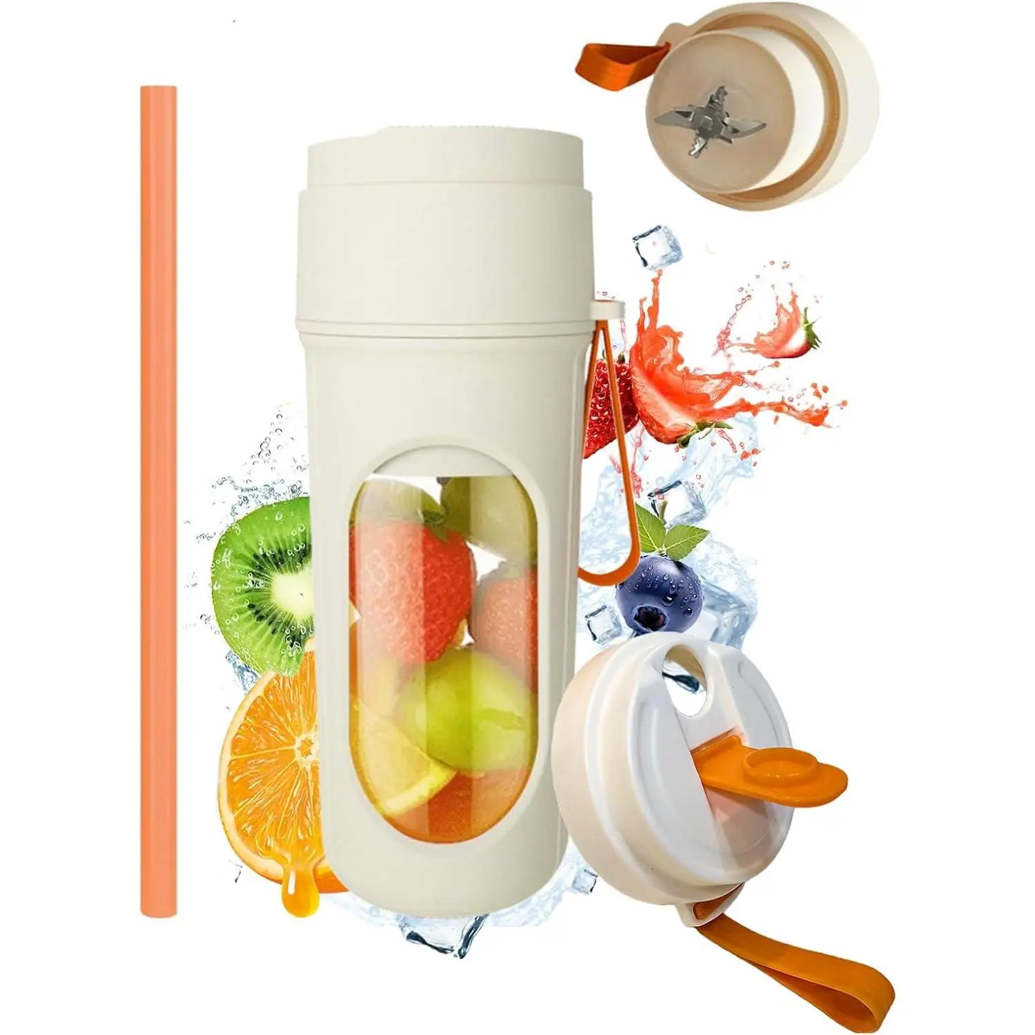 15oz Compact Cup Small Mini Portable Blender, USB Rechargeable 12-Blade Shake & Smoothie Maker with 2 Lids (Juicing, Drinking) for Campers/Travel, Orange Kitchen Appliance