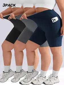 3-Piece Plus Size Casual Solid & Leopard Print High-Waisted Shorts, Side Pockets, Yoga Sportswear, Daily Comfort Fashion, Athletic Shorts