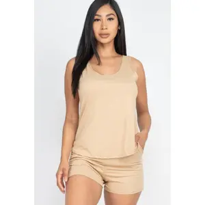 Comfy Tank Top & Shorts Set Breathable Casual Korean Minimalist Scoop Neck 92% Polyester 8% Spandex Soft Lightweight High-Stretch Jersey Fabric All-Day Comfort