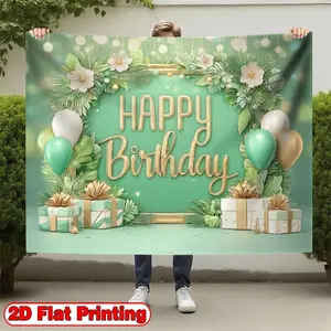 2D Flat Banners 1pc Green Gold Birthday Theme design Polyester party banners for parties, events and home decor, perfect for living rooms, Party Decorations Banners